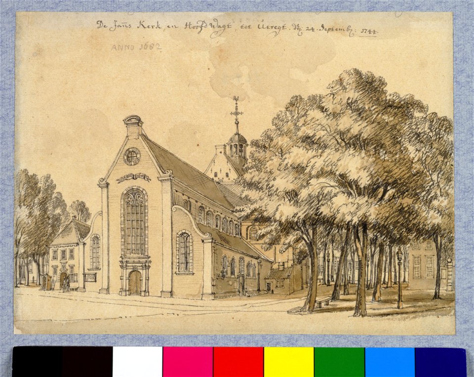 HUA-37194-Gezicht op de Janskerk op het Janskerkhof te Utrecht uit het zuidwesten met links van de kerk het gebouwtje van de Hoofdwacht