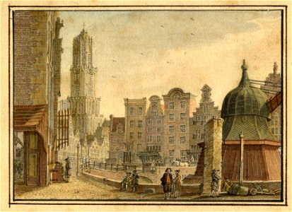 HUA-35764-Gezicht op de Oudegracht te Utrecht bij de Stadhuisbrug uit het noordwesten met links een gedeelte van het huis Keijserrijk op de hoek van de Ganzenma