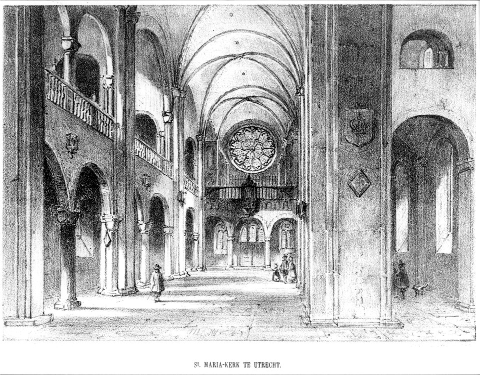HUA-37321-Interieur van de Mariakerk te Utrecht het schip gezien vanaf de viering uit het oosten