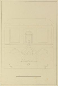 HUA-32554-Afbeelding van een van de korte wanden van de hal van het stadhuis met een ontwerp voor de aankleding voor het diner aangeboden aan koning Willem II t