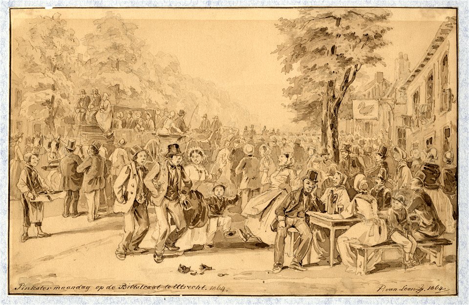 HUA-32699-Afbeelding van een feestvierende menigte in de Biltstraat te Utrecht op Pinkstermaandag 1864