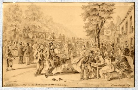 HUA-32699-Afbeelding van een feestvierende menigte in de Biltstraat te Utrecht op Pinkstermaandag 1864