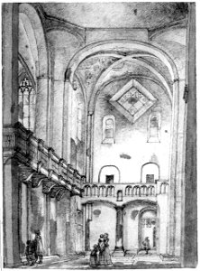 HUA-37336-Interieur van de Mariakerk te Utrecht het zuidertransept en de viering uit het noorden gezien met links de oxaaltribune aan het begin van het koor
