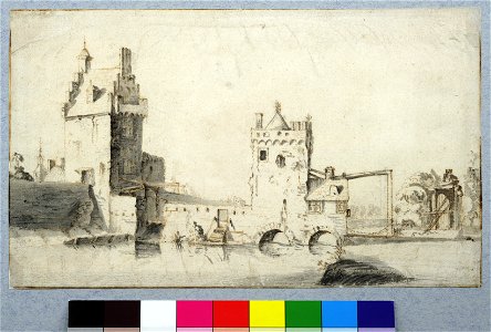 HUA-36572-Gezicht uit het zuiden op de stadsbuitengracht en de Wittevrouwenpoort te Utrecht met vlnr de hoofdpoort en de stadsmuur de ophaalbrug de vaste brug d