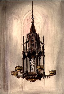 HUA-37006-Afbeelding van een loden gotische lichtkroon met een beeld van Maria met kind afkomstig uit een van de zijkapellen van de Domkerk te Utrecht