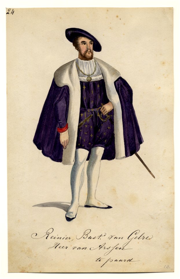 HUA-32719-Afbeelding van een kostuumontwerp van Reinier van Gelre heer van Arssen figurant in de maskerade van de studenten van de Utrechtse hogeschool ter gele