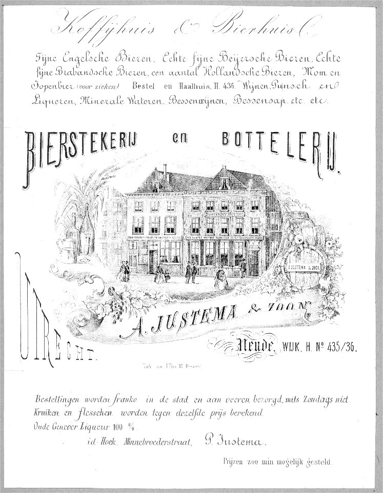 HUA-38202-Afbeelding van de voorgevels van het koffiehuis en het bierhuis van de firma A Justema Zoon Neude H 435 436 te UtrechtNB De adressen Neude H 435 en Ne