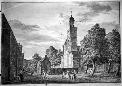 HUA-37466-Gezicht op de westpartij van de Nicolaikerk op het Nicolaaskerkhof te Utrecht uit het zuidwesten met links de gebouwen van het voormalige St Nicolaask