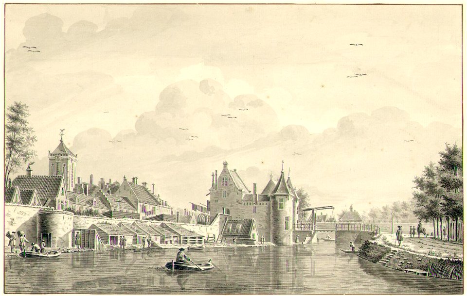 HUA-38480-Gezicht over de stadsbuitengracht te Utrecht op de ommuurde stad met de Jacobitoren en de Weerdpoort en Weerdbrug en rechts de Weerdsingel OZ en op de