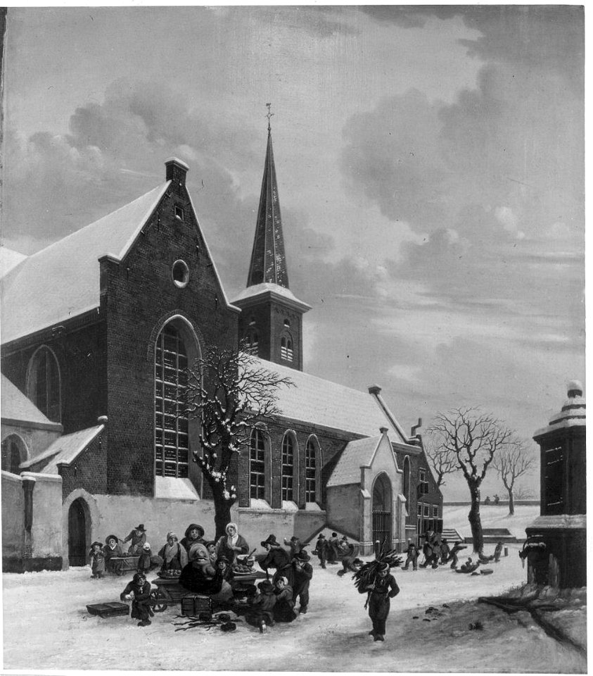 HUA-37506-Gezicht op de noordgevel en de toren van de Geertekerk aan het Geertekerkhof te Utrecht uit het noordoosten met rechts de pomp