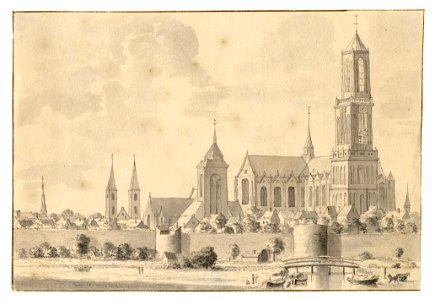HUA-35002-Gezicht op de stad Utrecht uit het westen met van links naar rechts het torentje van het huis Hasenberg de Pieterskerk de Buurkerk en de Domkerk