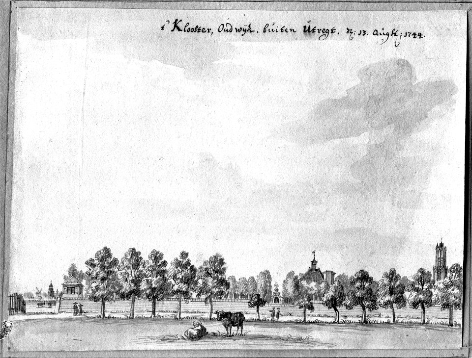 HUA-37914-Gezicht op de ommuurde tuin van de buitenplaats Oudwijk te Utrecht uit het oosten met links op de hoek een theekoepel en daarachter de zuidwestelijke 