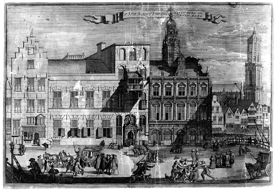 HUA-37829-Gezicht op de Stadhuisbrug te Utrecht met de huizen De Gulden Arend Klein en Groot Lichtenberg en Hasenberg uit het zuidwesten met op de achtergrond d