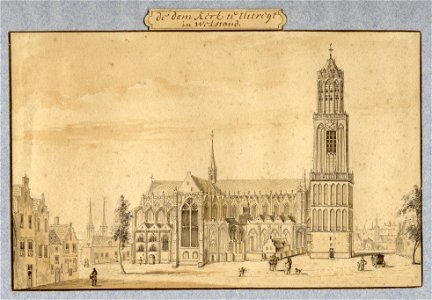 HUA-37128-Gezicht op de Domkerk op het Domkerkhof te Utrecht uit het noorden met links Achter de Dom en de torens van de Pieterskerk en rechts de BisschopshofNB. Free illustration for personal and commercial use.
