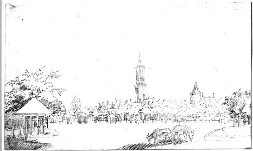HUA-36081-Gezicht op de zuidoostzijde van het Vredenburg te Utrecht met links een hoefstal en op de achtergrond gedeeltelijk de torens van de Dom en de Buurkerk