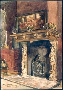 HUA-38726-Interieur van het stadhuis Stadhuisbrug te Utrecht het Stedelijk Museum van Oudheden op de tweede verdieping een wand met een van de drie schouwen van