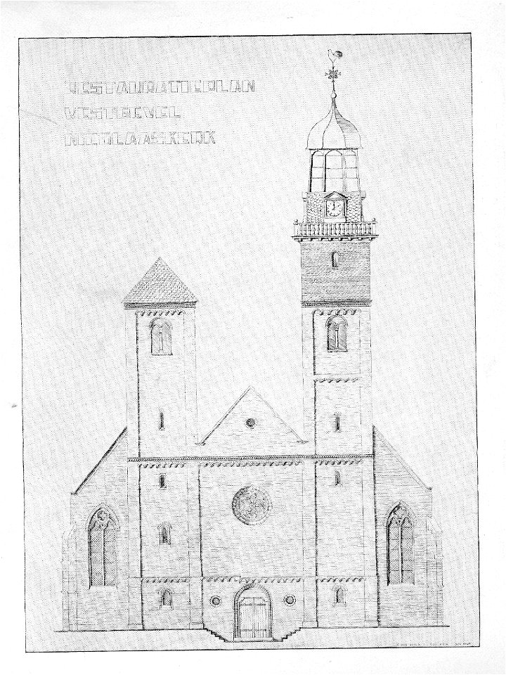 HUA-37462-Afbeelding van de westgevel van de Nicolaikerk te Utrecht volgens het restauratieplan van maart 1944