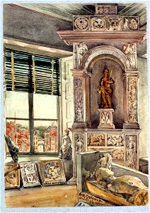 HUA-38734-Interieur van het stadhuis Stadhuisbrug te Utrecht het Stedelijk Museum van Oudheden op de tweede verdieping een aantal gevelfragmenten van het oude s