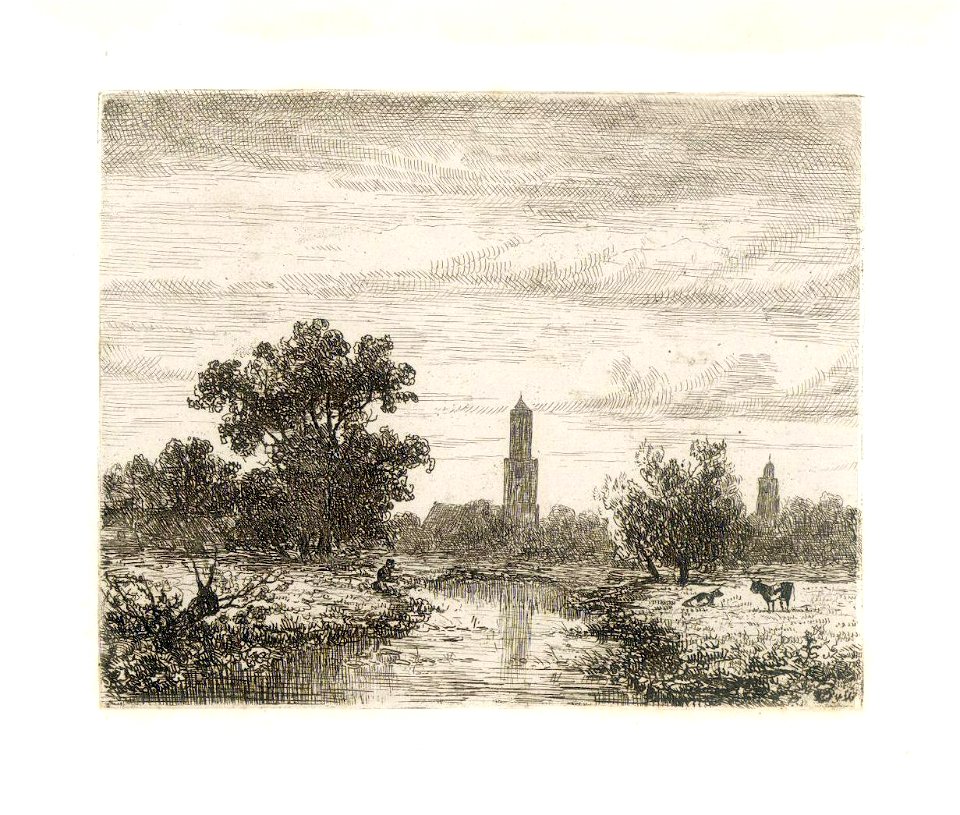 HUA-38627-Gezicht op een landschap met een sloot in de omgeving van Utrecht met op de achtergrond de Domtoren