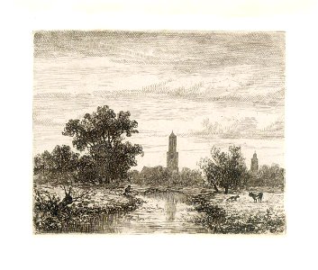 HUA-38627-Gezicht op een landschap met een sloot in de omgeving van Utrecht met op de achtergrond de Domtoren