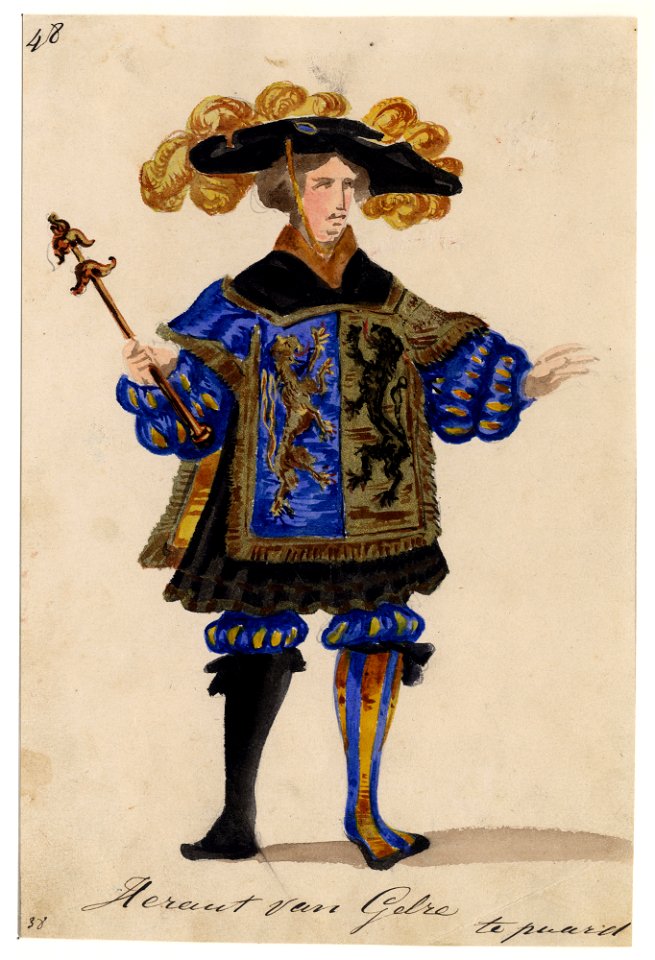 HUA-32731-Afbeelding van een kostuumontwerp van een heraut van Gelre figurant in de maskerade van de studenten van de Utrechtse hogeschool ter gelegenheid van h