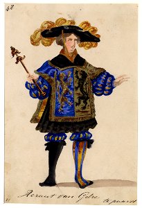 HUA-32731-Afbeelding van een kostuumontwerp van een heraut van Gelre figurant in de maskerade van de studenten van de Utrechtse hogeschool ter gelegenheid van h