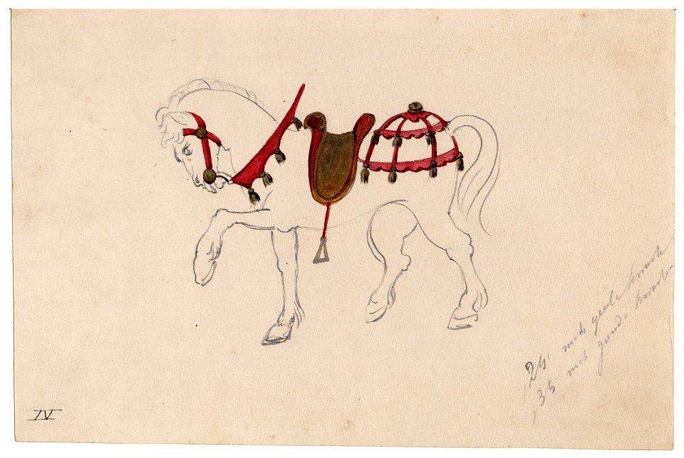 HUA-32771-Afbeelding van een ontwerp van het zadel en paardentuig van een paard in de maskerade van de studenten van de Utrechtse hogeschool ter gelegenheid van