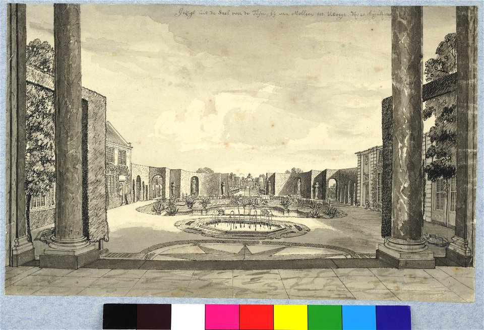 HUA-37960-Gezicht vanaf het terras over de grote vijver in de tuin van het huis Zijdebalen aan de Vecht te Utrecht met links de fabriek en rechts de oranjerie i