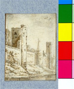 HUA-36321-Gezicht op de wal te Utrecht uit het noordwesten met drie waltorens en achter de middelste de toren van de Geertekerk De linker toren bevond zich ter 