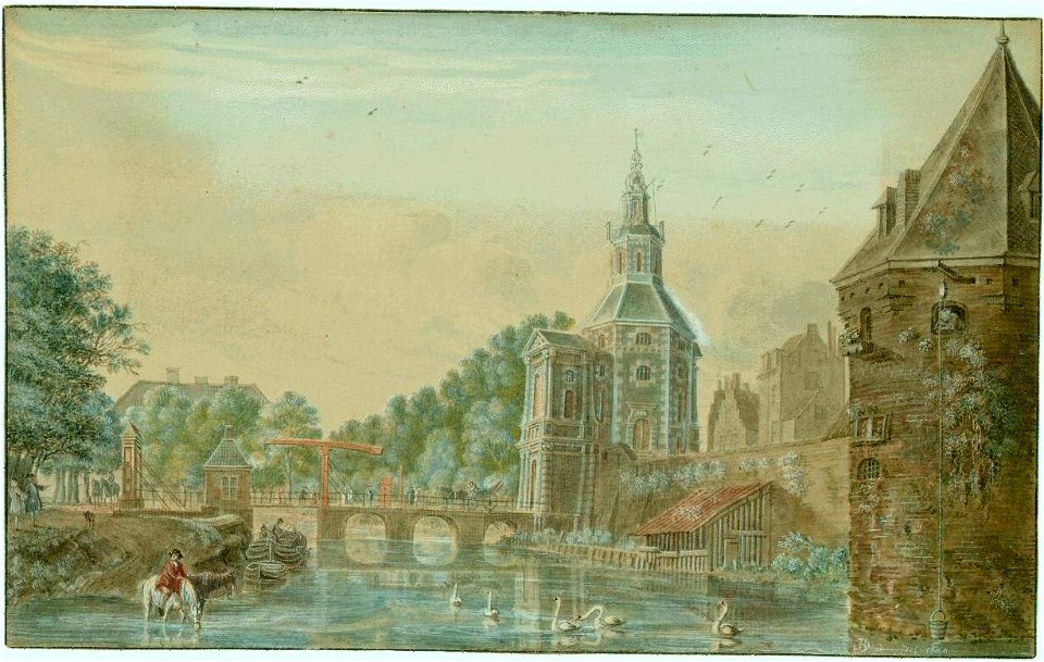 HUA-36617-Gezicht over de stadsbuitengracht te Utrecht op de stadswal met de Wittevrouwenpoort en brug uit het noorden met links het wed vanuit de Wittevrouwens