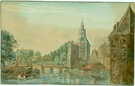 HUA-36617-Gezicht over de stadsbuitengracht te Utrecht op de stadswal met de Wittevrouwenpoort en brug uit het noorden met links het wed vanuit de Wittevrouwens