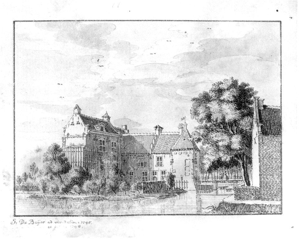 HUA-37911-Gezicht over de slotgracht op het huis Rhijnauwen aan de Kromme Rijn tussen Utrecht en Bunnik met rechts een gedeelte van een van de bijgebouwen op de