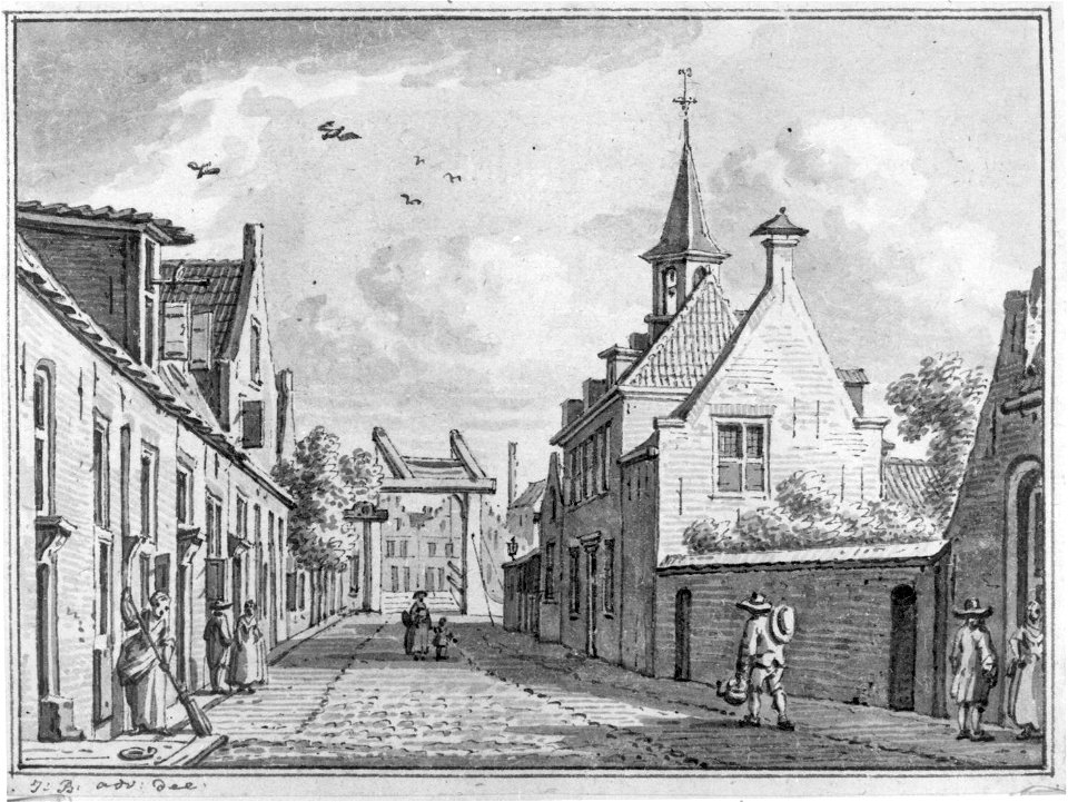 HUA-38360-Gezicht in de Herenweg te Utrecht met rechts het St Maartensgasthuis en op de achtergrond de ophaalbrug over de Westerstroom de westelijke toegang tot