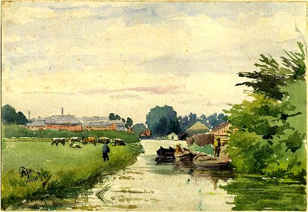 HUA-39395-Gezicht over de Kruisvaart de Tweede Moesgracht te Utrecht uit het zuidwesten met op de achtergrond de bomen langs de Leidseweg en links de kazerne va