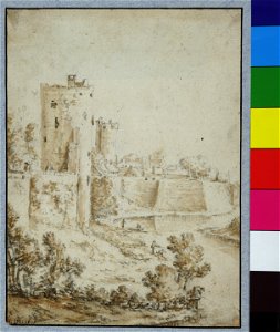 HUA-38472-Gezicht op het zuidwestelijke gedeelte van de stadsmuur te Utrecht met links de zogenoemde toren bij de Zilverstraat en schuin daarachter de Bijlhouwe