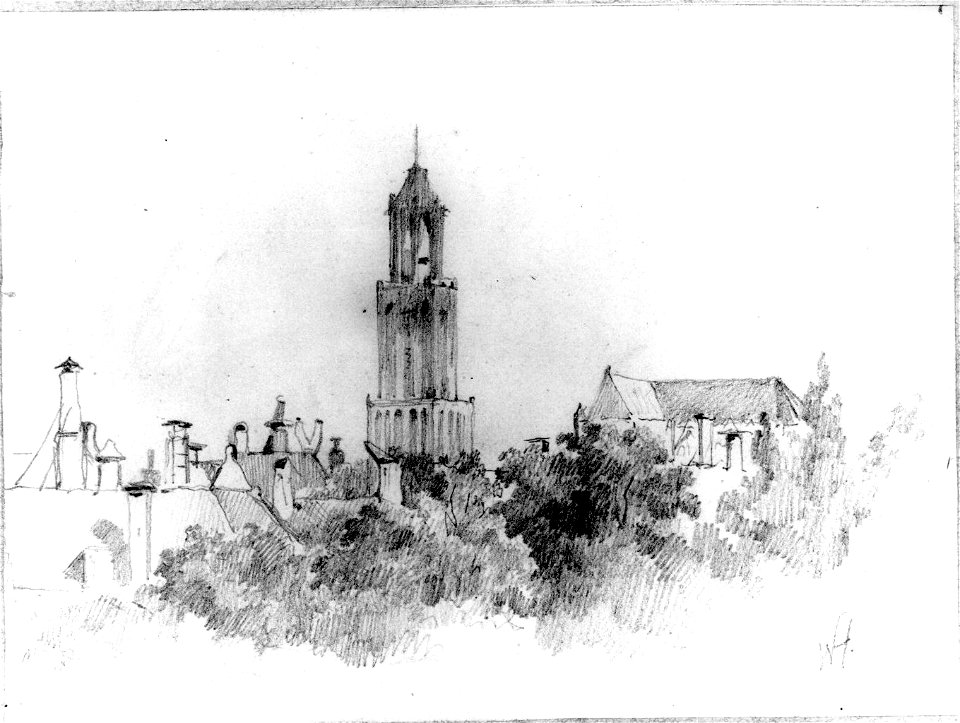 HUA-36956-Gezicht op de Domtoren en het dak van de Domkerk te Utrecht met de daken van enkele andere gebouwen uit het zuidoosten