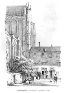 HUA-38044-Gezicht op het zuidertransept van de Domkerk te Utrecht met het oude academiegebouw aan de oostzijde van het Munsterkerkhof te Utrecht NB De naam Muns