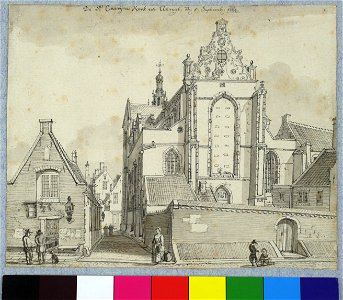 HUA-37605-Gezicht op de Catharijnesteeg te Utrecht vanaf de Lange Nieuwstraat met rechts de St Catharinakerk en gebouwen van het St Catharijneklooster en links 