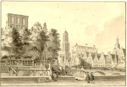 HUA-38542-Gezicht op de Oudegracht te Utrecht uit het noordwesten met de Bakkerbrug met links de hoge schijngevel van het huis Putruwiel nr 134 in het midden he