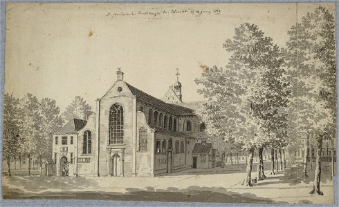 HUA-37196-Gezicht op de Janskerk op het Janskerkhof te Utrecht uit het zuidwesten met links van de kerk het gebouwtje van de Hoofdwacht