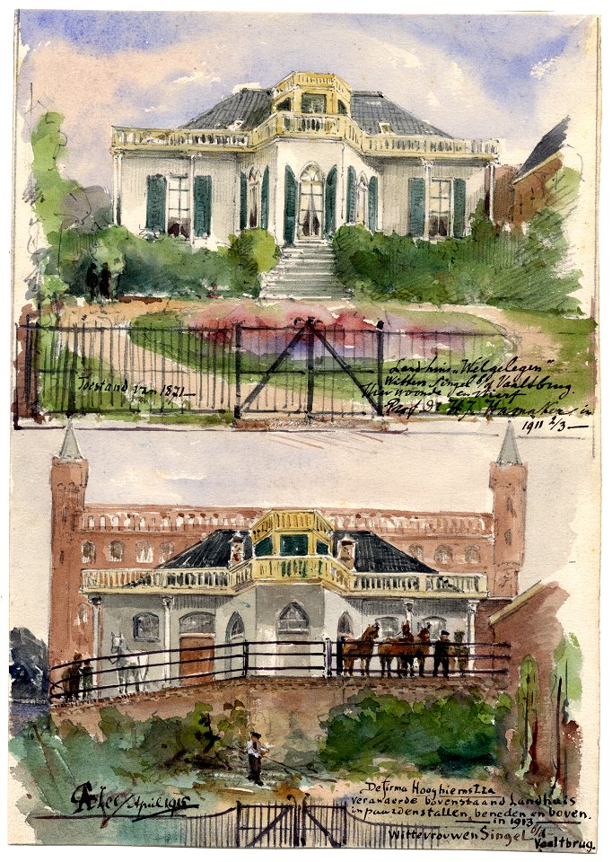 HUA-39449-Gezicht op de voorgevel van het huis Welgelegen Wittevrouwensingel 106 te Utrecht in 1871 boven en verbouwd tot paardenstal van de NV Utrechtse Fourag