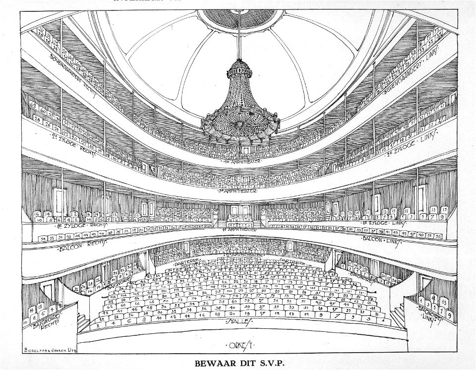 HUA-38238-Interieur van de stadsschouwburg Vredenburg D 163 te Utrecht de zaal gezien vanaf het toneelNB Het adres Vredenburg D 163 is in 1890 gewijzigd in Vred