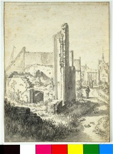 HUA-38525-Gezicht op een geruïneerd huis in de Nieuwe Weerd te Utrecht met op de achtergrond de westelijke toegangspoort tot de Bemuurde Weerd en rechts daarvan