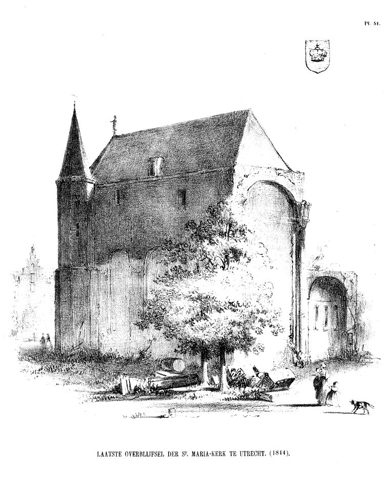 HUA-37285-Gezicht op het koor en de koorkapel aan de zuidelijke transeptarm van de Mariakerk te Utrecht voor de afbraak in 1844 uit het noordwesten