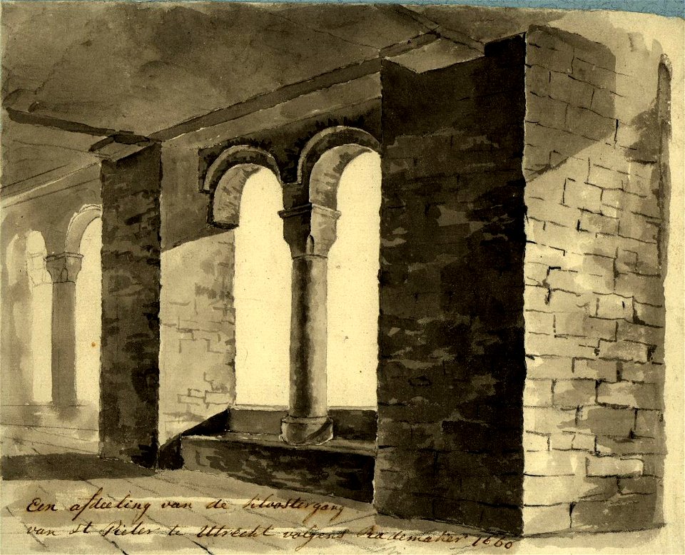 HUA-37187-Gezicht in de zuidelijke arm van de pandhof van de Pieterskerk te Utrecht