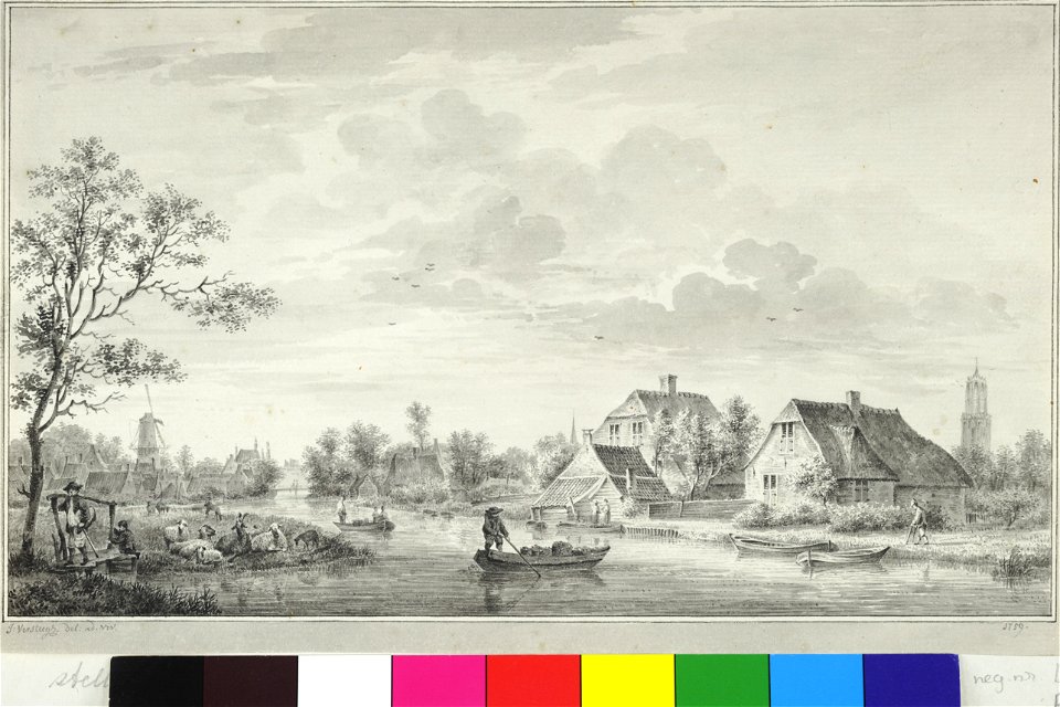 HUA-38630-Gezicht op de Kromme Rijn te Utrecht met twee boerderijen op de noordelijke oever links een bruggetje over de uitmonding van de Oudwulvense Wetering e