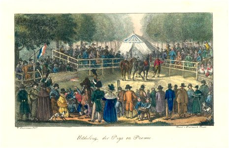 HUA-38662-Gezicht op de tribune aan het eind van de Maliebaan te Utrecht met de twee winnende paarden en hun berijders na afloop een harddraverij