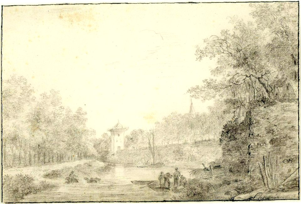 HUA-38477-Gezicht op over de stadsbuitengracht te Utrecht op het zuidwestelijke gedeelte van de stadsmuur met rechts het bastion Sterrenburg links de Catharijne