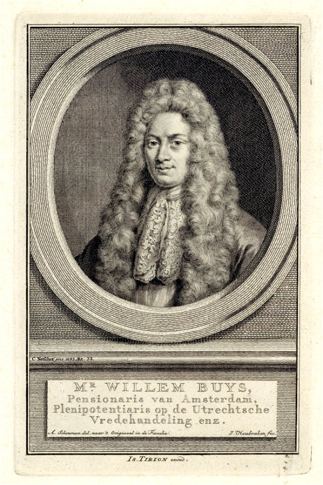 HUA-38857-Portret van W Buys geboren 1661 pensionaris van Amsterdam afgevaardigde op de vredesonderhandelingen te Utrecht overleden 1749 Borstbeeld links in ova