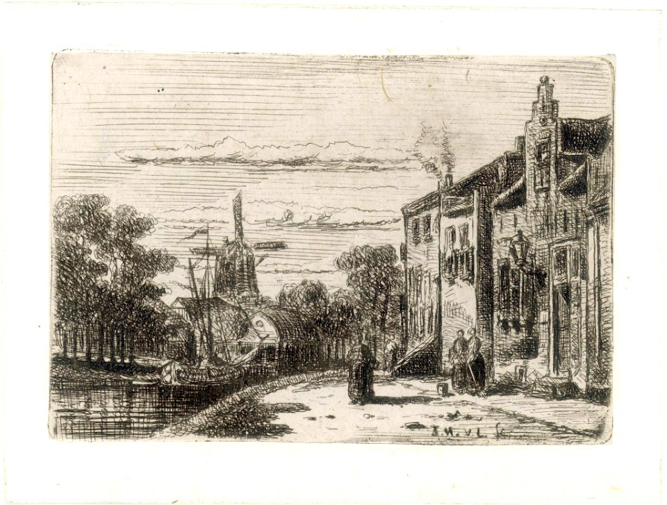 HUA-38653-Gezicht op enkele huizen langs de Vecht te Utrecht vermoedelijk aan de Lagenoord met de molen Het Schaap aan het Zwarte Water op de achtergrond